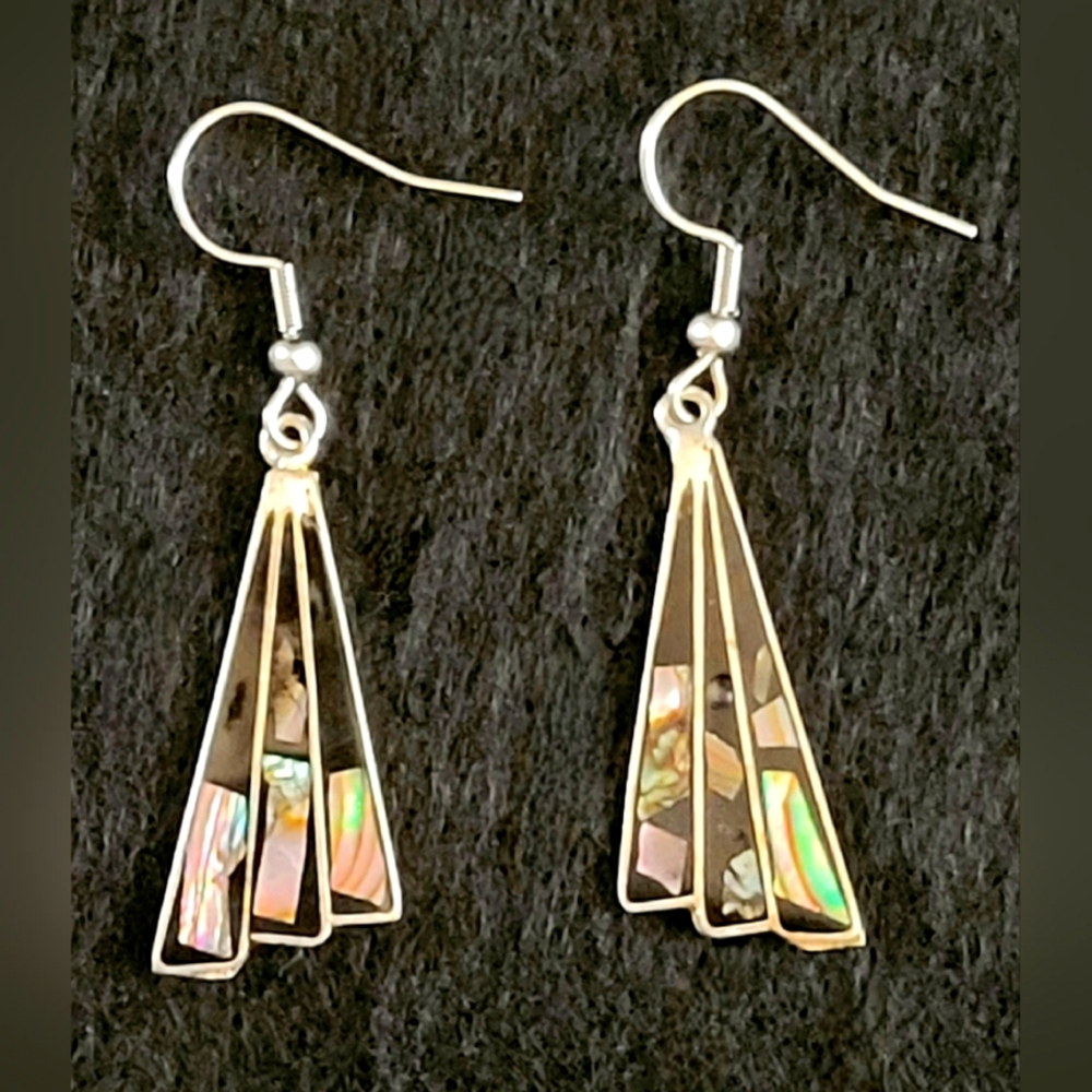 Vintage Inlayed Abalone Black Onyx Silver Dangle Earrings